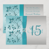 GEDRUKT RIBBON Aqua, Silver Quinceanera Invite Kaart (Voorkant / Achterkant)