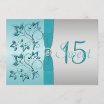 GEDRUKT RIBBON Aqua, Silver Quinceanera Invite