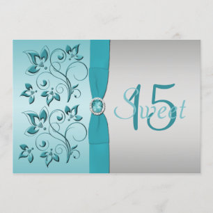 GEDRUKT RIBBON Aqua, Silver Quinceanera Invite Kaart