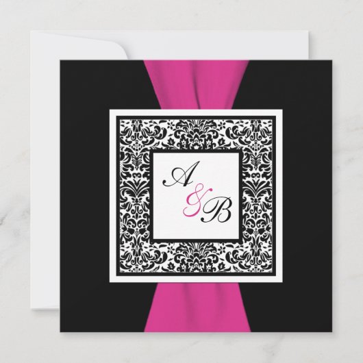GEDRUKT RIBBON Black, wit, roze Damask Invite Kaart (Voorkant)