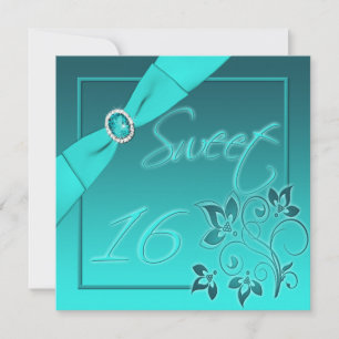 GEDRUKT RIBBON Blauwgroen, Aqua Sweet Sixteen Invi Kaart