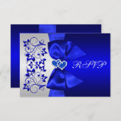 GEDRUKT RIBBON Blue, Silver Floral Wedding RSVP (Voorkant / Achterkant)
