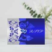 GEDRUKT RIBBON Blue, Silver Floral Wedding RSVP (Staand voorkant)
