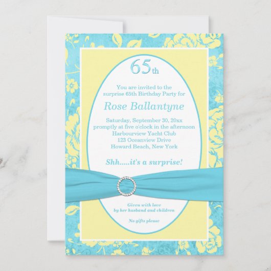 GEDRUKT RIBBON Blue Yellow 65th Birthday Invite Kaart (Voorkant)