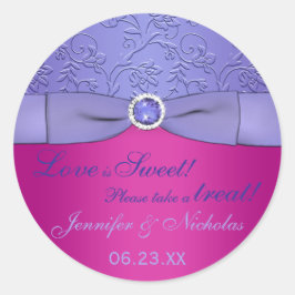 GEDRUKT RIBBON Fuchsia, Paarse Floral Snoep Buffet Ronde Sticker