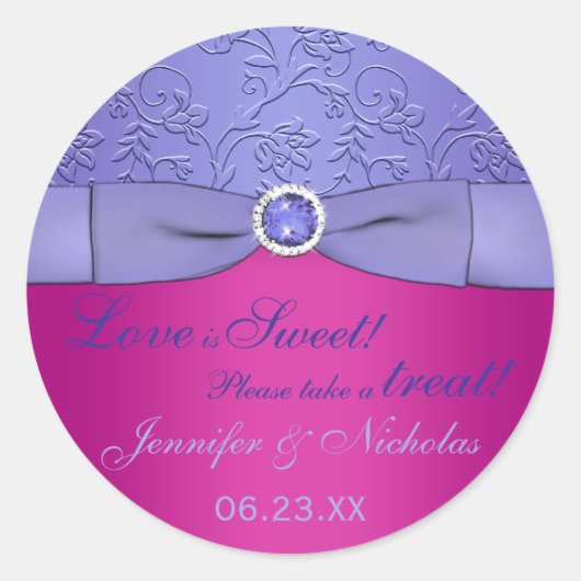 GEDRUKT RIBBON Fuchsia, Paarse Floral Snoep Buffet Ronde Sticker (Voorkant)