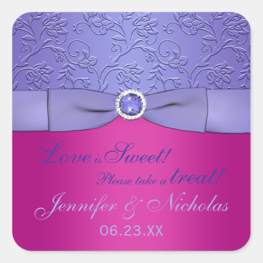 GEDRUKT RIBBON Fuchsia, Paarse Floral Snoep Buffet Vierkante Sticker (Voorkant)