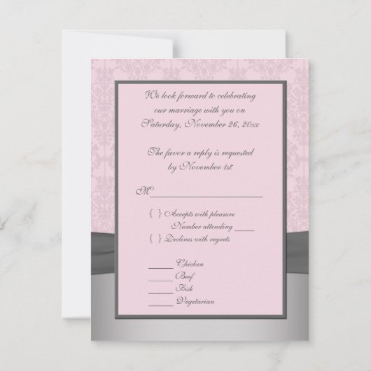 GEDRUKT RIBBON Grijs, Roze Damask RSVP-kaart RSVP Kaartje (Achterkant)