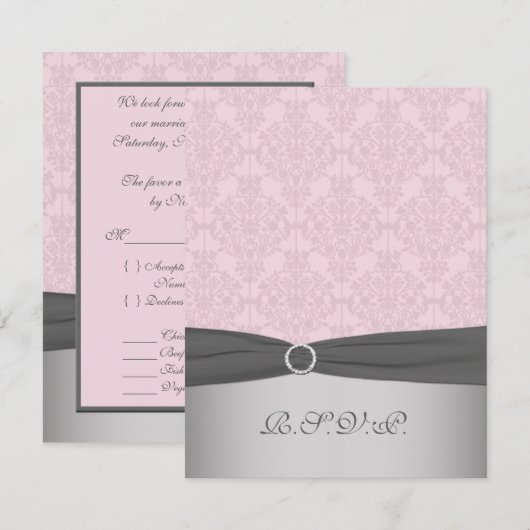GEDRUKT RIBBON Grijs, Roze Damask RSVP-kaart RSVP Kaartje (Voorkant / Achterkant)
