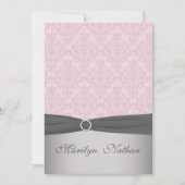 GEDRUKT RIBBON Grijs, roze Damask Wedding Invite Kaart (Voorkant)