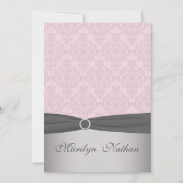 GEDRUKT RIBBON Grijs, roze Damask Wedding Invite Kaart