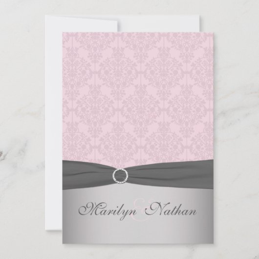 GEDRUKT RIBBON Grijs, roze Damask Wedding Invite Kaart (Voorkant)