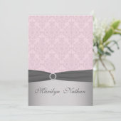 GEDRUKT RIBBON Grijs, roze Damask Wedding Invite Kaart (Staand voorkant)