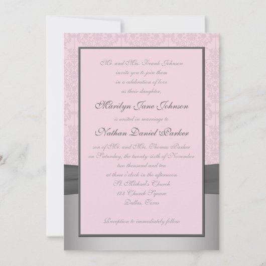 GEDRUKT RIBBON Grijs, roze Damask Wedding Invite Kaart (Achterkant)