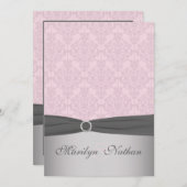 GEDRUKT RIBBON Grijs, roze Damask Wedding Invite Kaart (Voorkant / Achterkant)