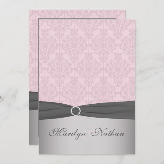 GEDRUKT RIBBON Grijs, roze Damask Wedding Invite Kaart (Voorkant / Achterkant)