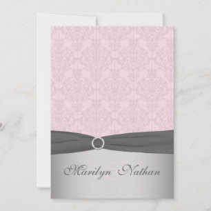 GEDRUKT RIBBON Grijs, roze Damask Wedding Invite Kaart