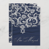 GEDRUKT RIBBON Navy, Silver Damask Bat Mitzvah Kaart (Voorkant / Achterkant)