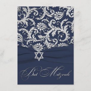GEDRUKT RIBBON Navy, Silver Damask Bat Mitzvah Kaart