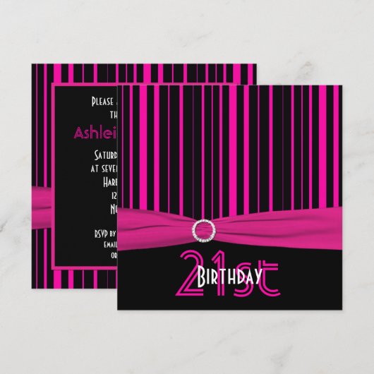GEDRUKT RIBBON Pink and Black Stripe 21st verjaard Kaart (Voorkant / Achterkant)