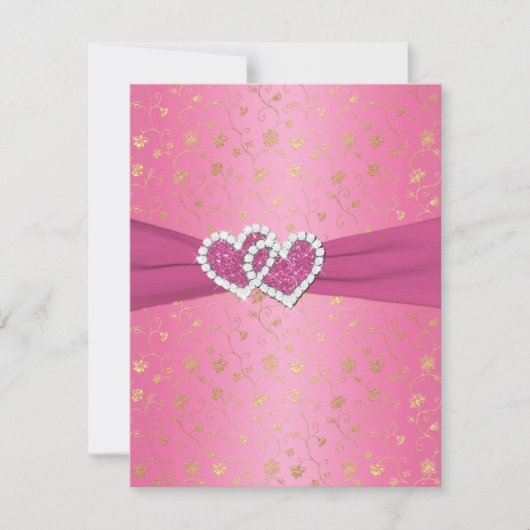 GEDRUKT RIBBON Pink en Gold Joined Hearts RSVP Kaart (Voorkant)