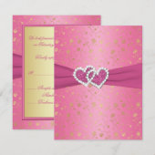 GEDRUKT RIBBON Pink en Gold Joined Hearts RSVP Kaart (Voorkant / Achterkant)