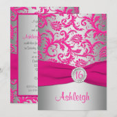 GEDRUKT RIBBON Pink, Silver Grey Sweet 16 Invite Kaart (Voorkant / Achterkant)