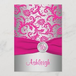 GEDRUKT RIBBON Pink, Silver Grey Sweet 16 Invite Kaart