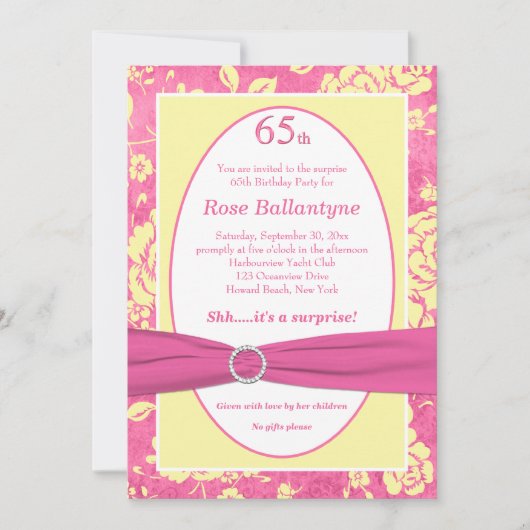 GEDRUKT RIBBON Pink Yellow 65th Birthday Invite Kaart (Voorkant)
