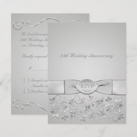 GEDRUKT RIBBON Silver Grey Floral RSVP-kaart RSVP Kaartje (Voorkant / Achterkant)