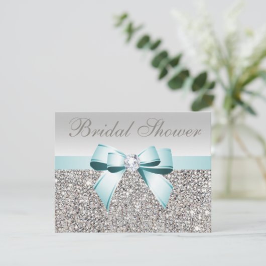 Gedrukt Zilveren Sequin Blauwgroen Bow Afbeelding  Kaart (Staand voorkant)