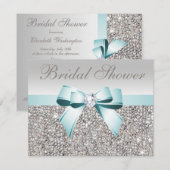 Gedrukt Zilveren Sequin Blauwgroen Bow Afbeelding  Kaart (Voorkant / Achterkant)