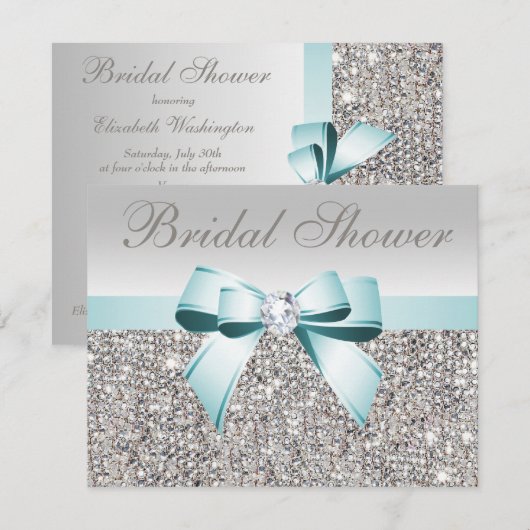 Gedrukt Zilveren Sequin Blauwgroen Bow Afbeelding  Kaart (Voorkant / Achterkant)