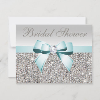 Gedrukt Zilveren Sequin Blauwgroen Bow Afbeelding  Kaart