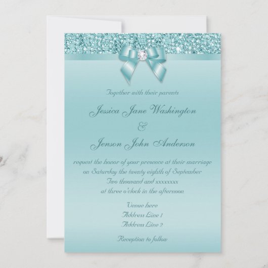 Gedrukte Blauwgroen Sequins Diamonds Faux Bow Wedd Kaart (Achterkant)