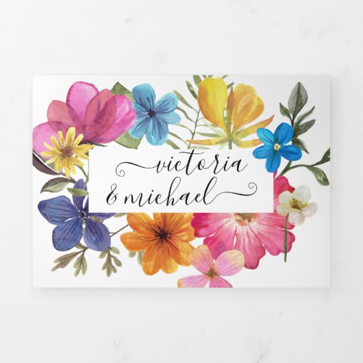 Gedrukte bloemen Weddenschap met drievierde uitzen Drieluik Uitnodiging (Cover)