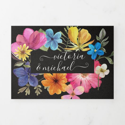 Gedrukte bloemen Weddenschap met drievierde uitzen Drieluik Uitnodiging (Cover)