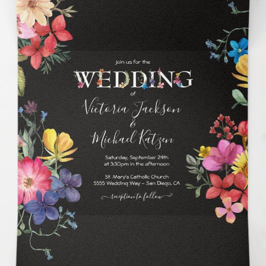 Gedrukte bloemen Weddenschap met drievierde uitzen Drieluik Uitnodiging (Binnenkant midden)