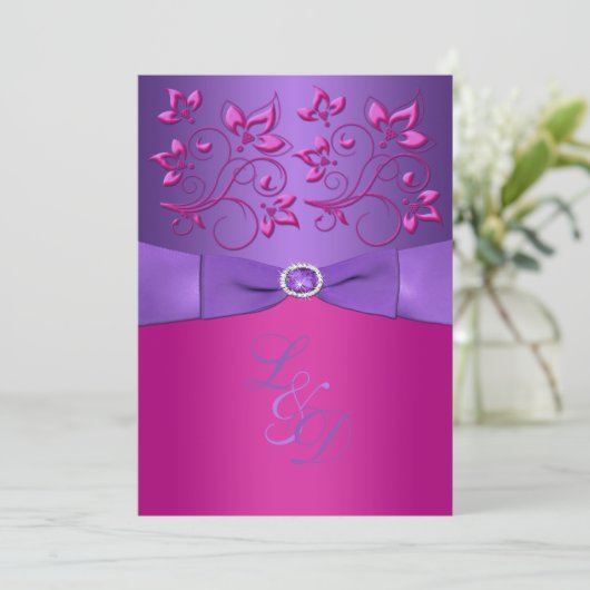 GEDRUKTE BOOG Paarse Fuchsia Bloemen Monogram Uitn Kaart (Staand voorkant)