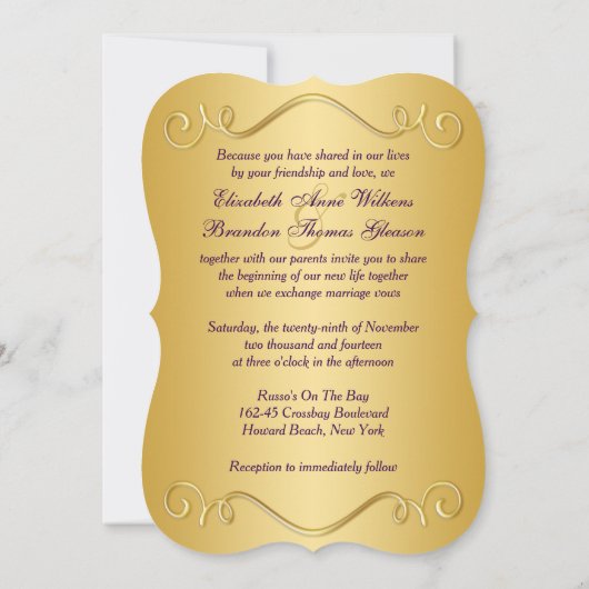 GEDRUKTE BOOG Paarse, gouden bloemenbruiloft uitno Kaart (Achterkant)