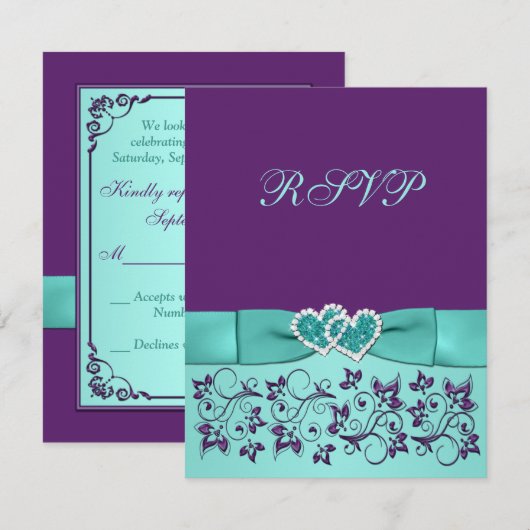 GEDRUKTE BOW Aqua, Paarse Bloemenbruiloft RSVP-kaa RSVP Kaartje (Voorkant / Achterkant)