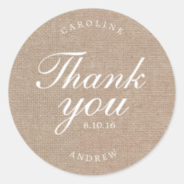 Gedrukte Burlap bruiloft dank u Ronde Sticker