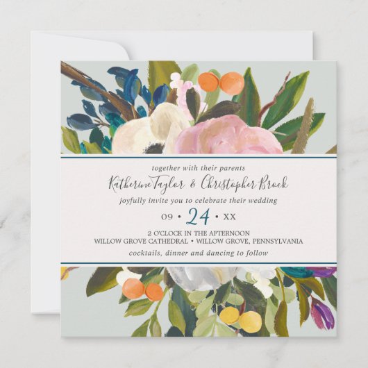 Gedrukte Floral Square Wedding Kaart (Voorkant)