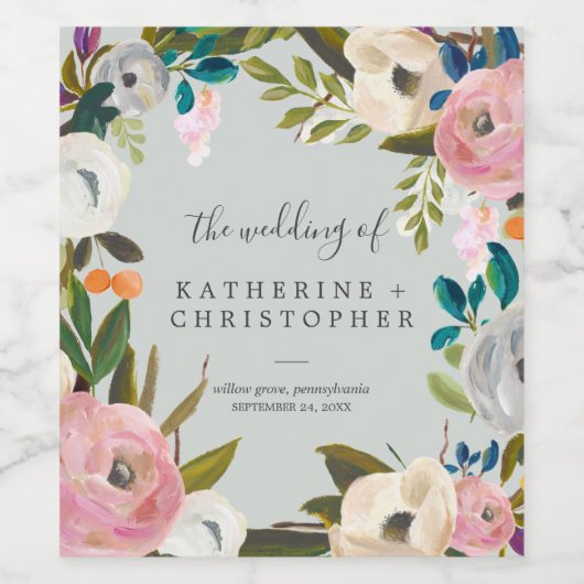 Gedrukte Floral Wedding Wijn Etiket (Enkel label)