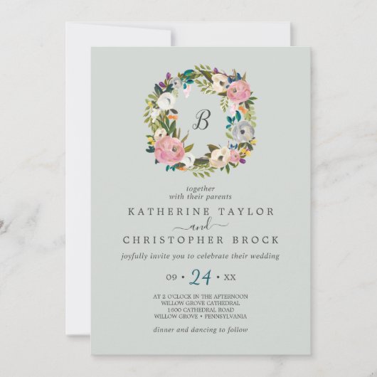 Gedrukte Floral Wreath Monogram Weddenschap Kaart (Voorkant)