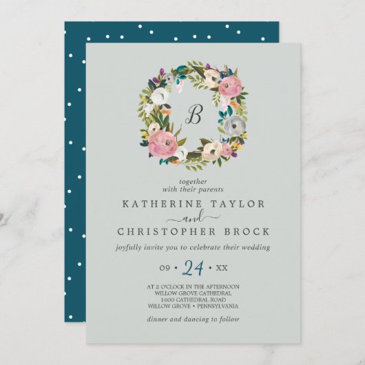 Gedrukte Floral Wreath Monogram Weddenschap Kaart (Voorkant / Achterkant)