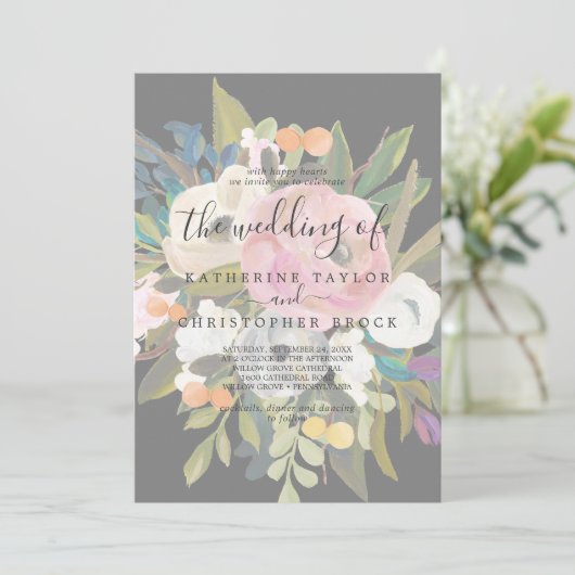 Gedrukte Floral | Zachte donkergrijs De bruiloft v Kaart (Staand voorkant)