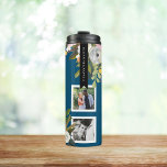 Gedrukte Florale Foto Collage Persoonlijke namen Thermosbeker<br><div class="desc">De gepersonaliseerde namen over geschilderde florale bouquet met 6 vierkante fotokaders. De achtergrondkleur is ook aanpasbaar. De prachtige beschilderde floralen zijn bij Creëer the Cut. Vind hen op Creative Market https://crmrkt.com/7WdAX,  Etsy https://www.etsy.com/shop/CreateTheCut,  en www.createthecut.com Foto's door Leeds Wedding Photographer,  John Hope. Ga naar http://www.johnhopephotography.com</div>