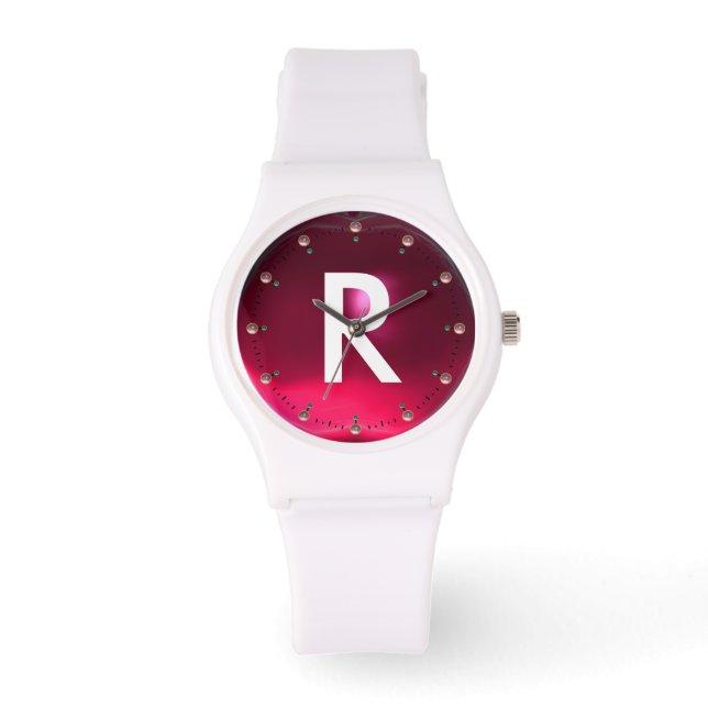GEDRUKTE FUCHSIA ROZE RUBY EDELSTEEN MONOGRAM HORLOGE (Voorkant)