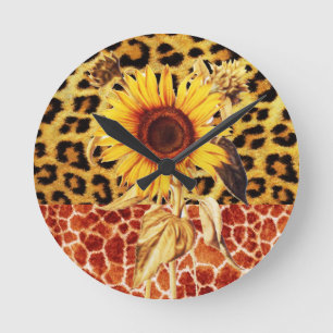 GEDRUKTE GIRAFFE, LEOPARD FUR EN SUNFLOWER RONDE KLOK